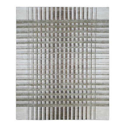 8'X9'9" Brown Bauhaus Inspired Line Design Hand Knotted Soft Wool Rug