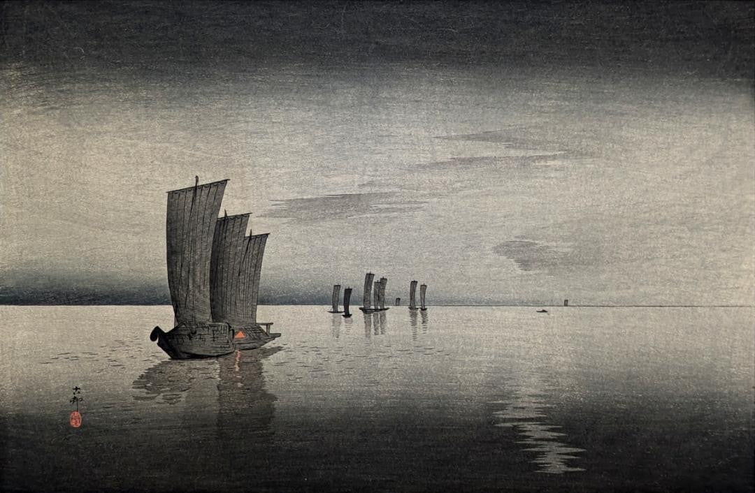 Rare Japanese Woodblock Print "Sailing Boats" By Koson Ohara (Shoson), C. Meiji