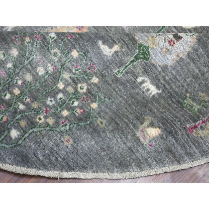 8'2"X8'2" Round Folk Art Willow And Cypress Tree Design Hand Knotted Rug