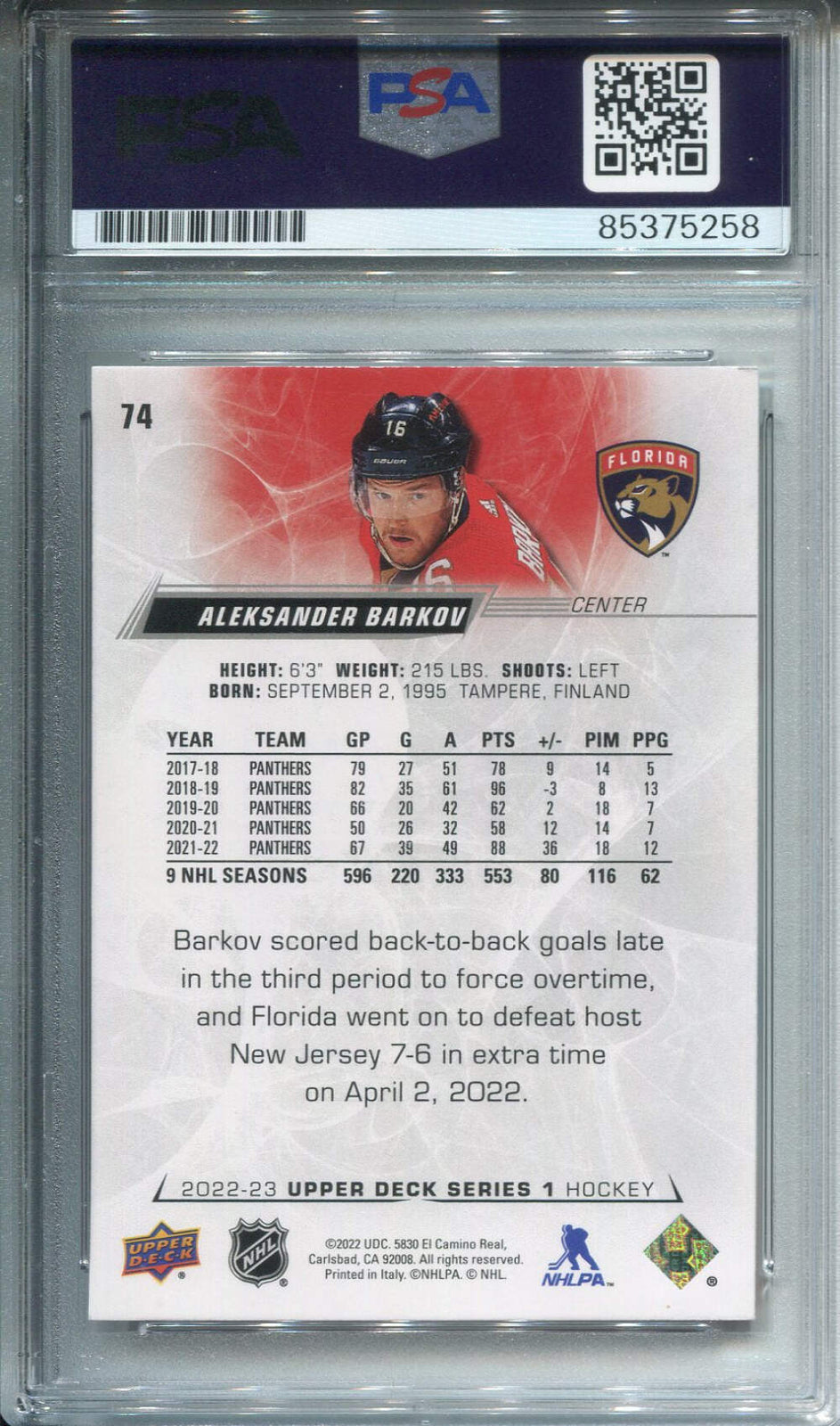 Aleksander Barkov Autographed Upper Deck Card Psa Auto Grade 10