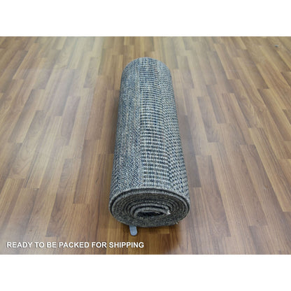 2'7"X14' Gray Wool And Silk Hand Knotted Modern Grass Design Runner Rug