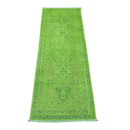 2'1"X5'9" Green Overdyed Kazak Tribal Design Hand Knotted Wool Runner Rug