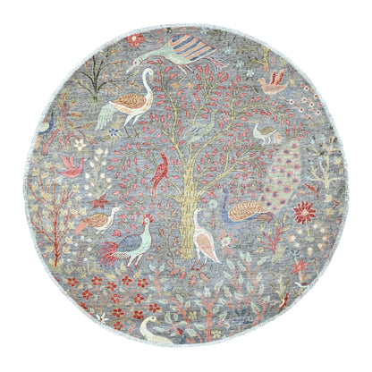 Gray Birds of Paradise Design Hand Knotted Soft Wool Round Rug 5'8"x5'8
