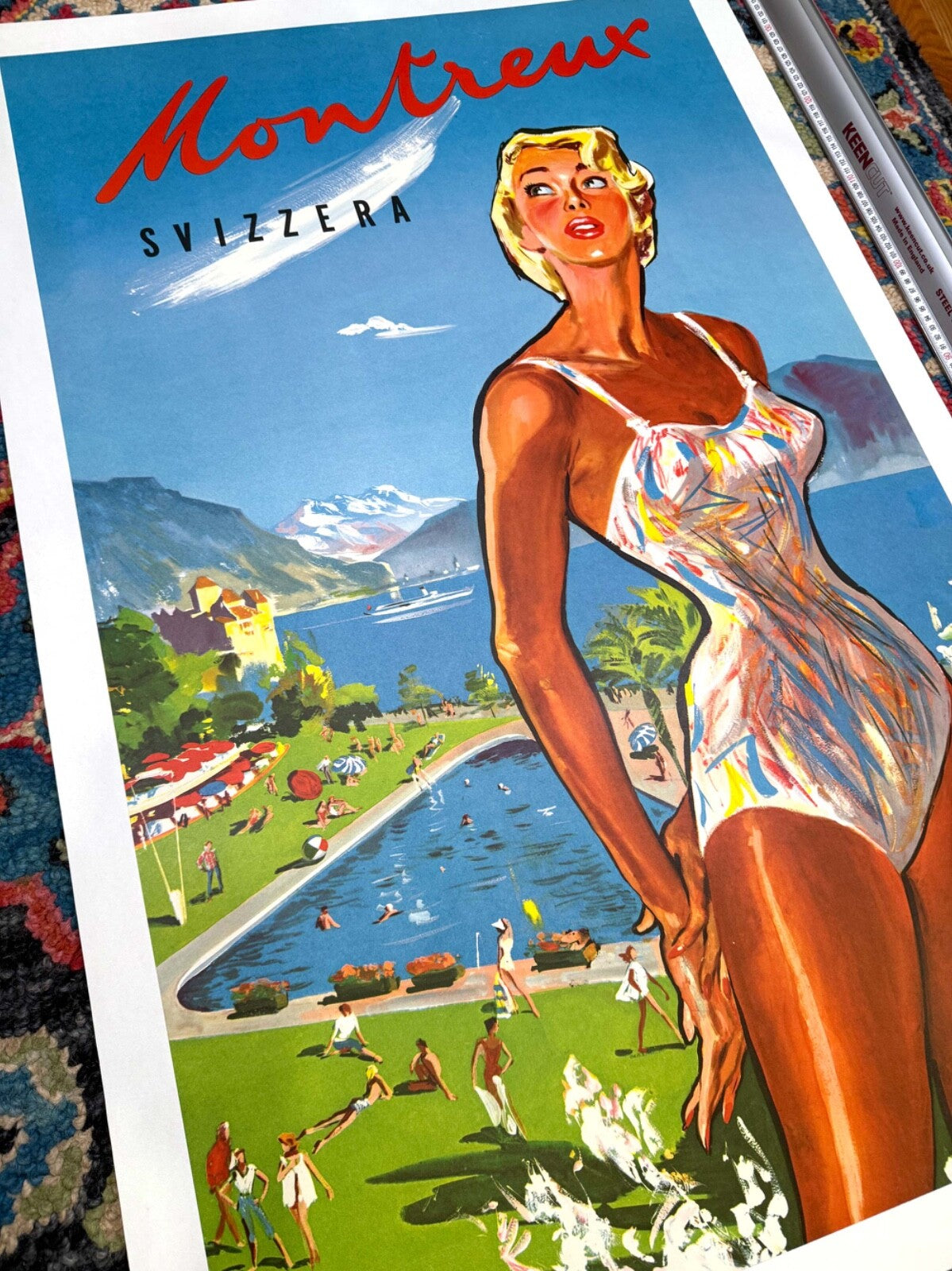 Swiss Travel Poster Montreux By Pierre Brenot C1950 View Mont Blanc Lake Geneva