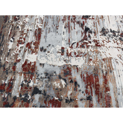 9'X12'2" Red Wool And Silk Abstract Paint Brush Design Hand Knotted Rug