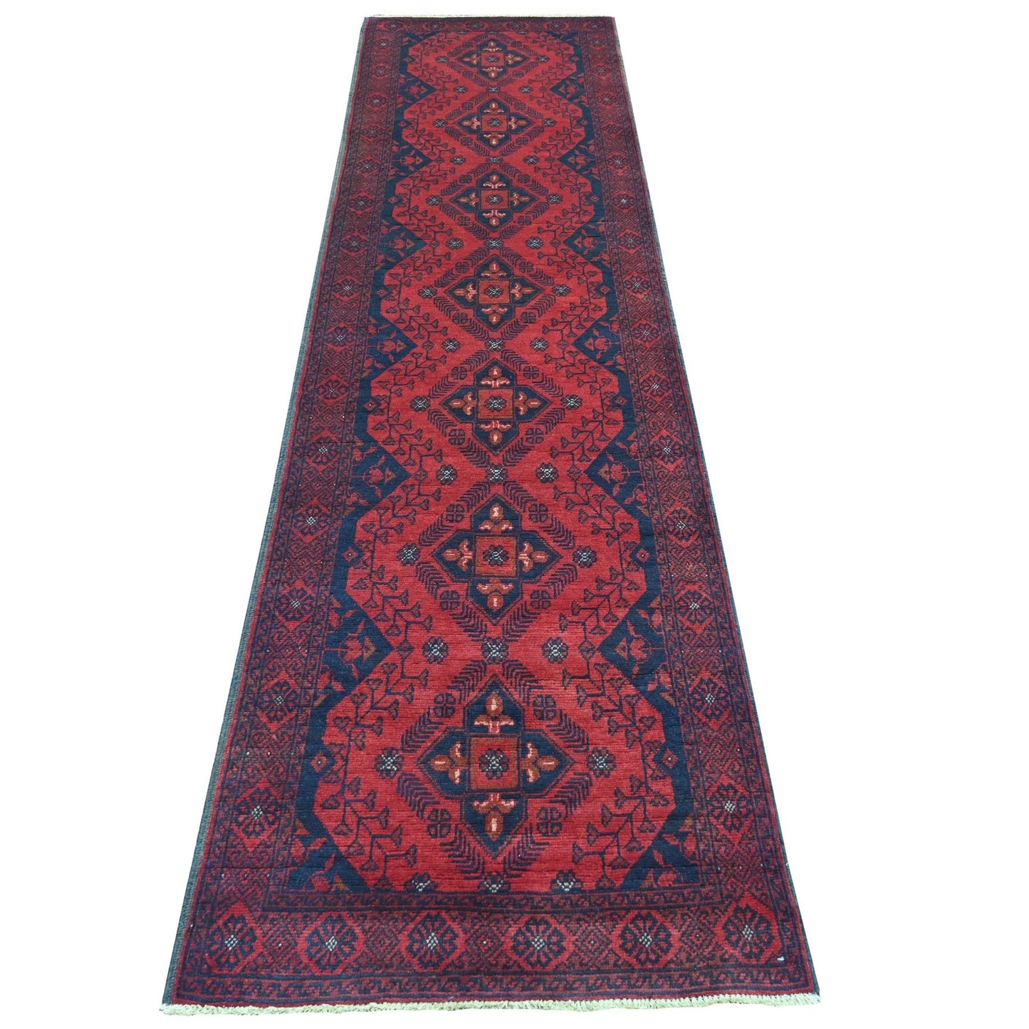 2'7"X9'10" Red Hand Knotted Geometric Afghan Andkhoy Soft Wool Runner Rug