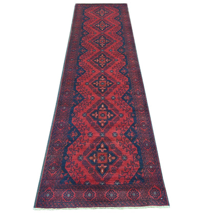 2'7"X9'10" Red Hand Knotted Geometric Afghan Andkhoy Soft Wool Runner Rug
