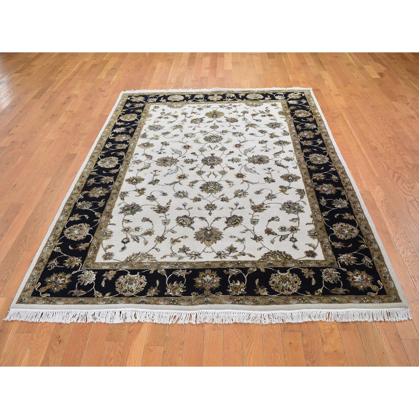 6'X9'3" Round Black Hand Knotted Half Wool & Half Silk Rajasthan Rug