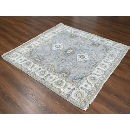 6'2"X6'1" Blue Gray Wool Karjihooz Geometric Hand Knotted Square Rug