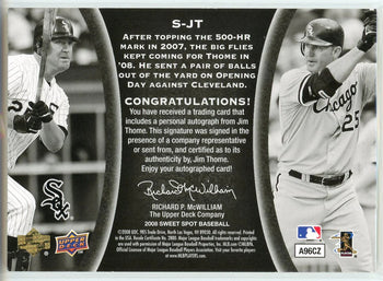 Jim Thome Autographed 2008 Upper Deck Sweet Spot Signatures Card #S-Jt