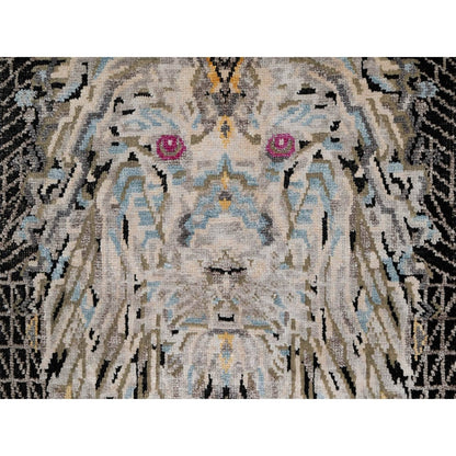 2'X3' Black The Maharaja Lion Novelty Mat Rug Wool And Silk Hand Knotted