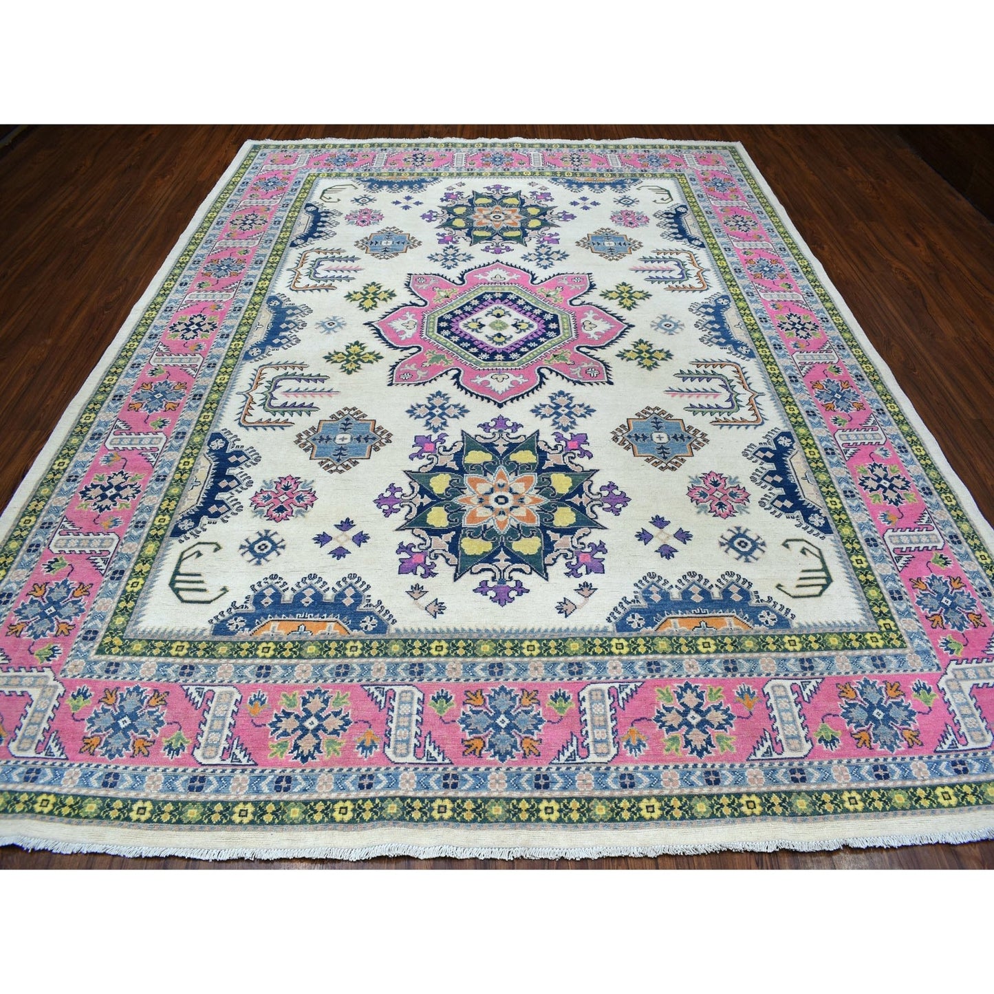 8'10"X11'6" Colorful Ivory Fusion Kazak Natural Wool Hand Knotted Rug