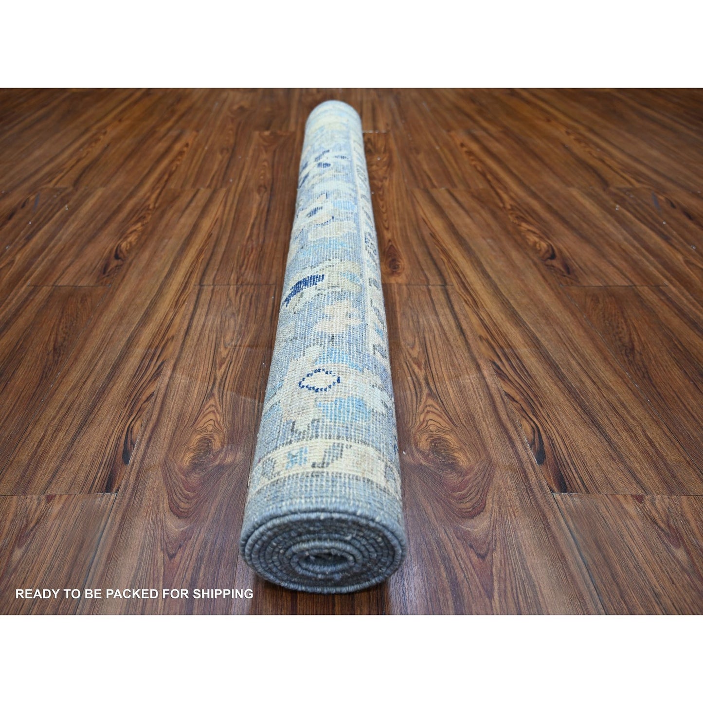 4'2"X9'5" Blue Afghan Angora Oushak Pure Wool Hand Knotted Runner Rug