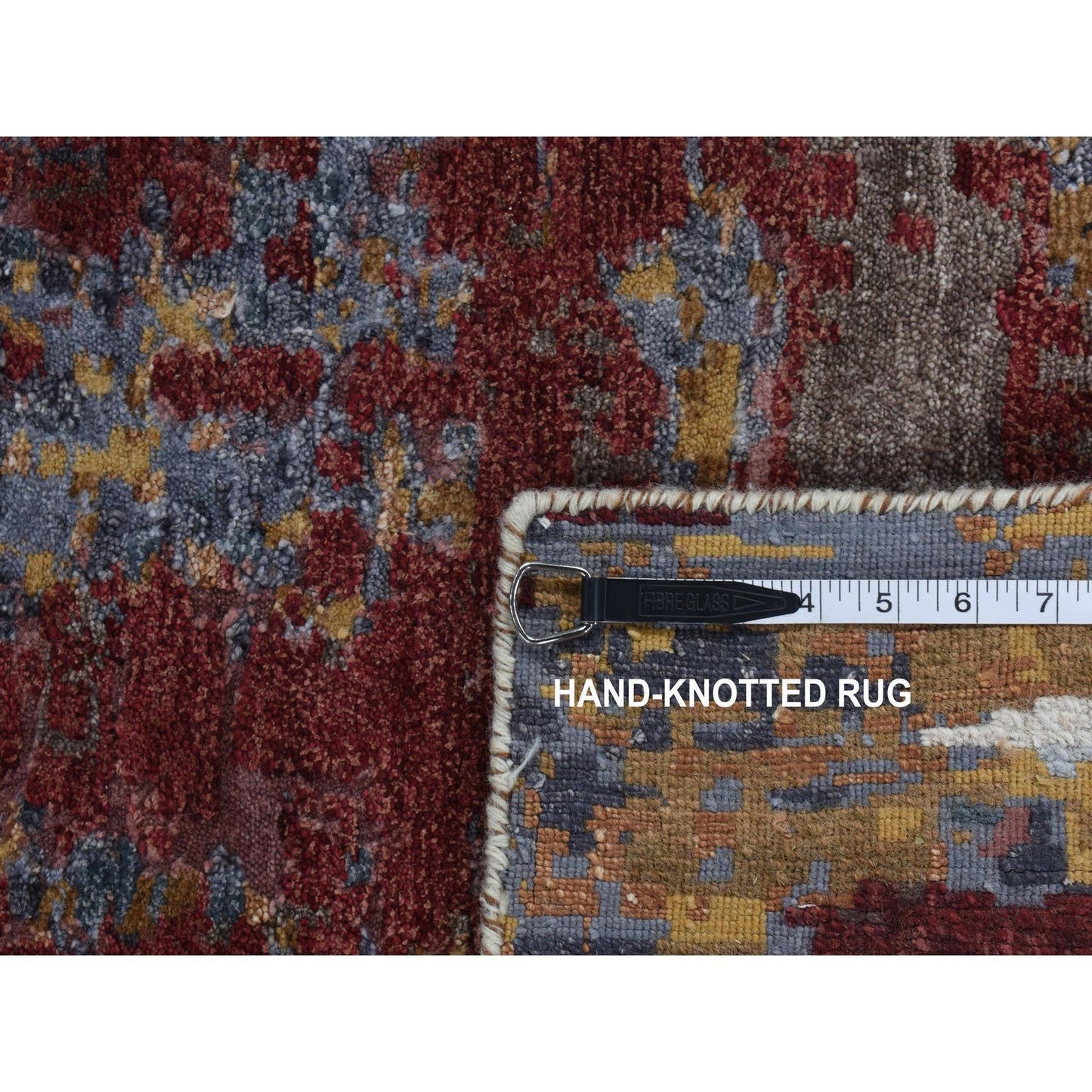 2'7"x8'1" Red Wool and Silk Abstract Design Hand Knotted Runner Rug