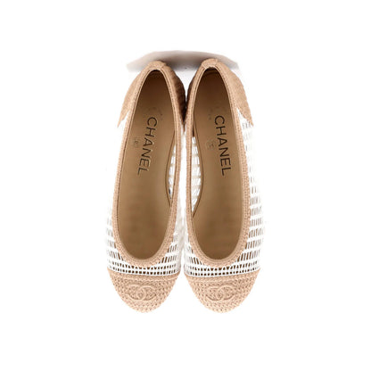 Chanel Women'S Cc Cap Toe Ballerina Flats Crochet Raffia