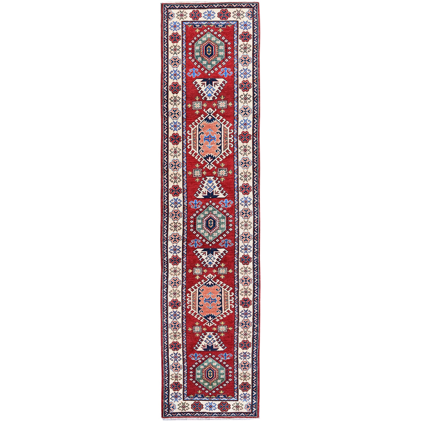 2'9"X12'10" Chili Red Kazak Hand Knotted Soft Wool Runner Oriental Rug