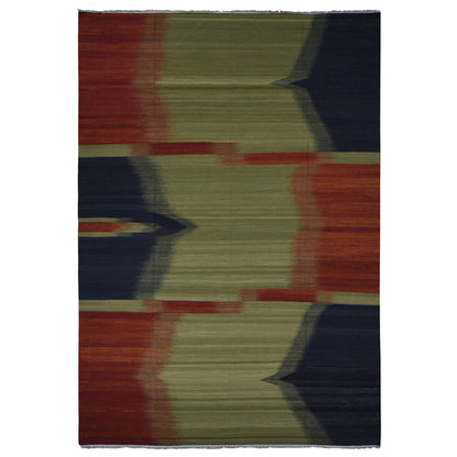 10'X14'6" Green Hand Woven Contemporary Kilim Design 100% Wool Rug