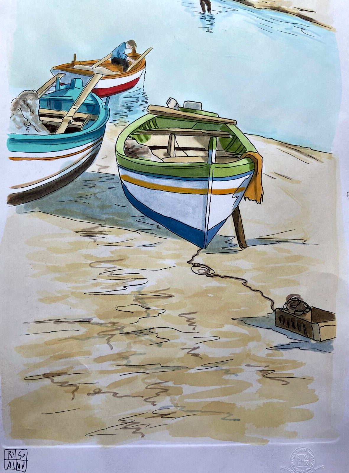 Aldo Riso ''Porticciolo'' Hand Painted 35X100 Authenticated Stamped