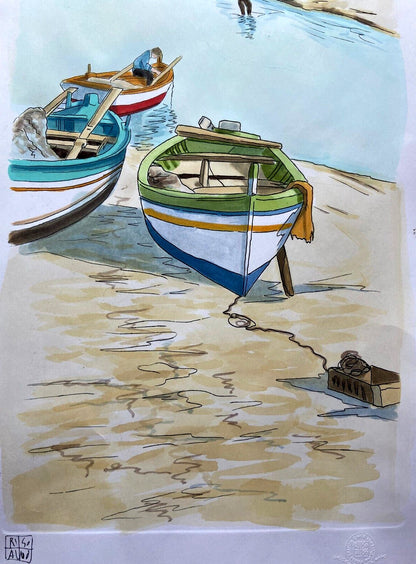 Aldo Riso ''Porticciolo'' Hand Painted 35X100 Authenticated Stamped