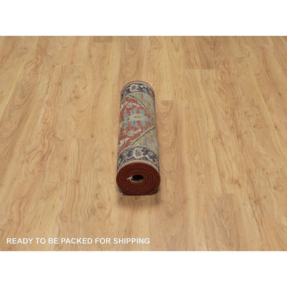 2'6"X7'9" Ruby Red Hand Spun Wool Heris Revival Hand Knotted Runner Rug
