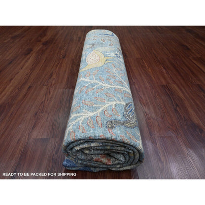 8'X10'1" Yonder Blue Afghan Peshawar Birds Design Hand Knotted Wool Rug
