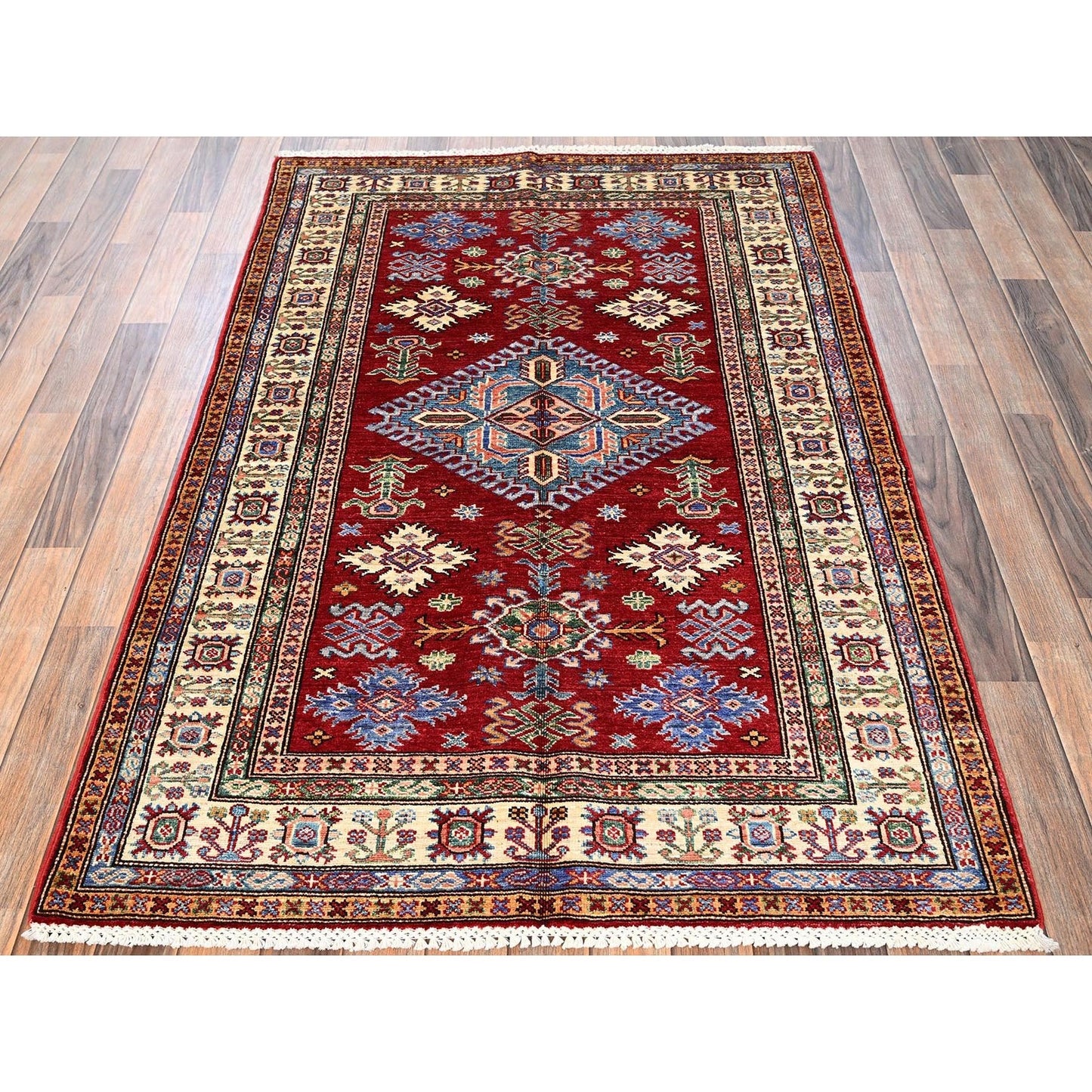 4'X6' Ruby Red Afghan Super Kazak Hand Knotted Pure Wool Oriental Rug