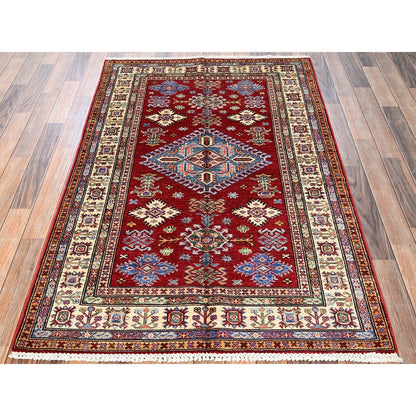 4'X6' Ruby Red Afghan Super Kazak Hand Knotted Pure Wool Oriental Rug