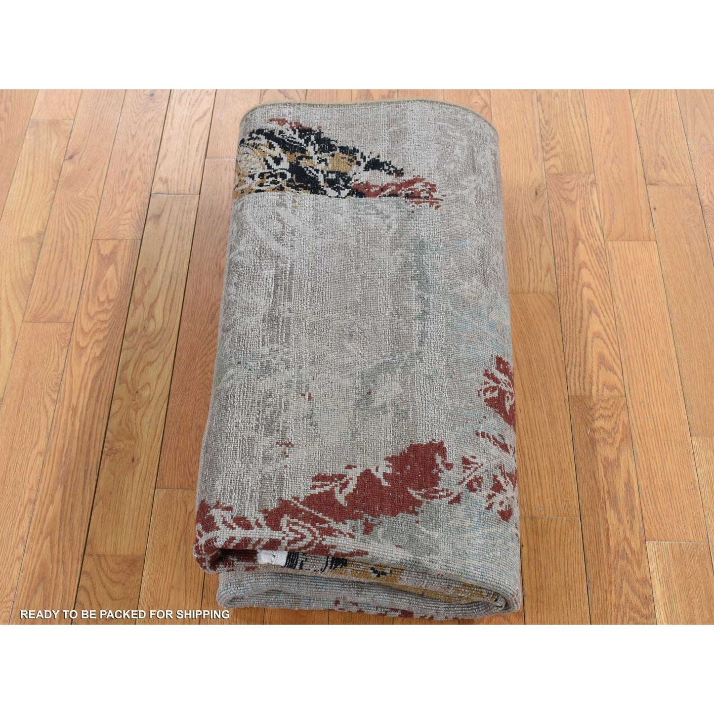 5'2"X7'1" Gray Broken Tulip Design Silk With Wool Hand Knotted Rug