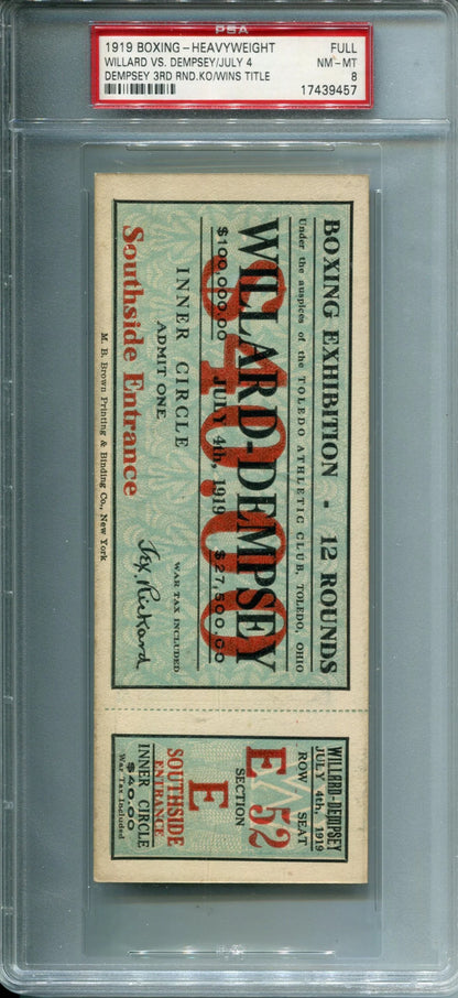1919 Jess Willard Vs Jack Dempsey Full Boxing Ticket Psa 8