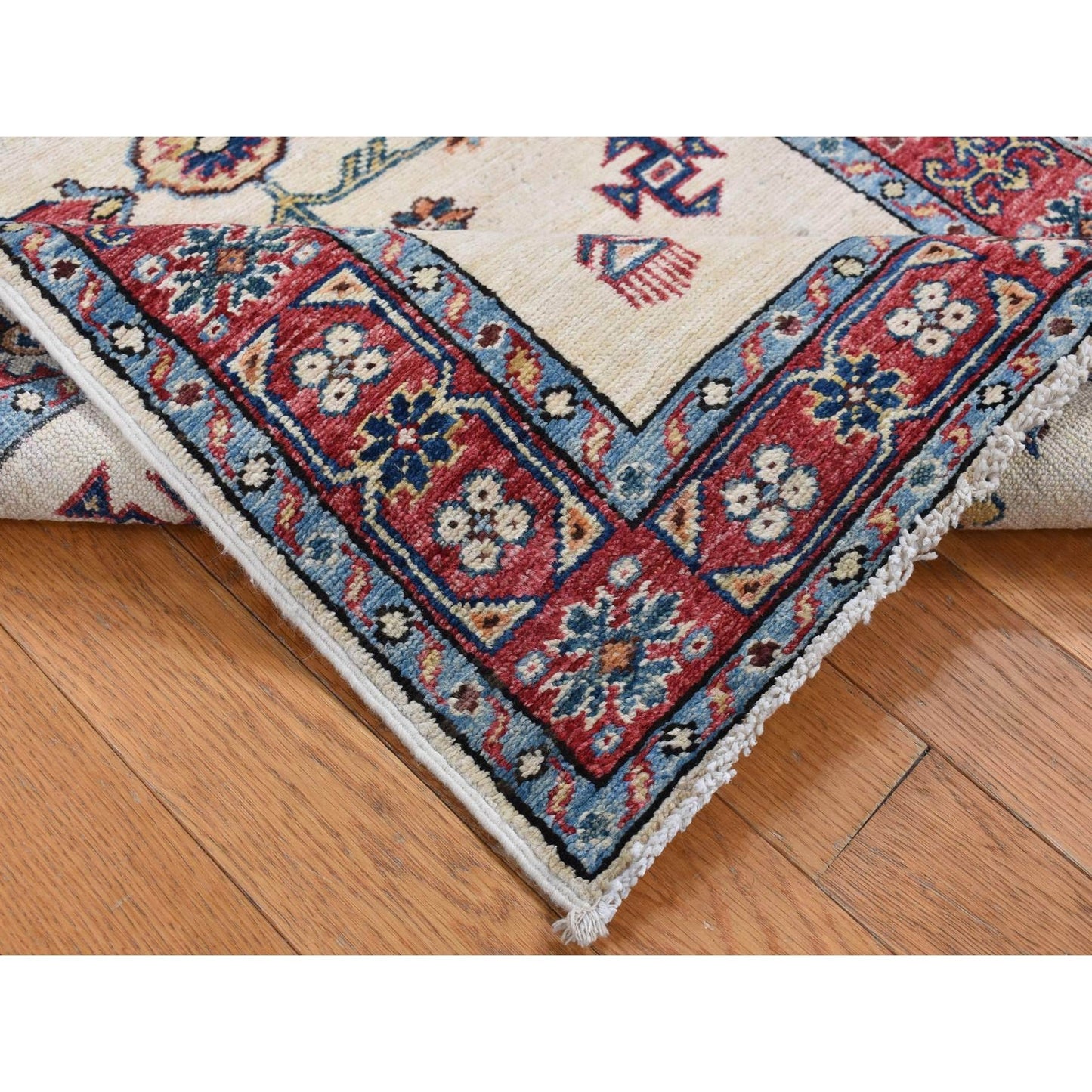 2'9"X8'7" Bone White Afghan Super Kazak Hand Knotted Pure Wool Runner Rug