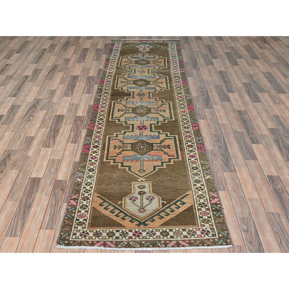 3'3"X12'10" Brown Vintage Northwest Farsian Hand Knotted Wool Runner Rug