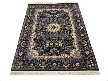 Handmade Kirman Oriental Rug Wool Black Floral