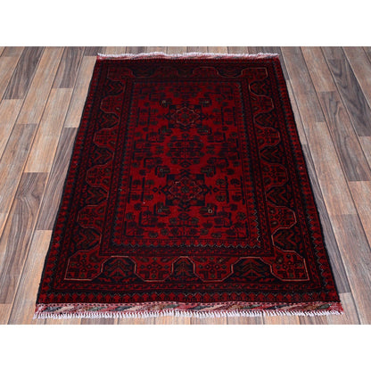 2'9"X3'10" Red Afghan Khamyab Tribal Design Hand Knotted Wool Sample Rug