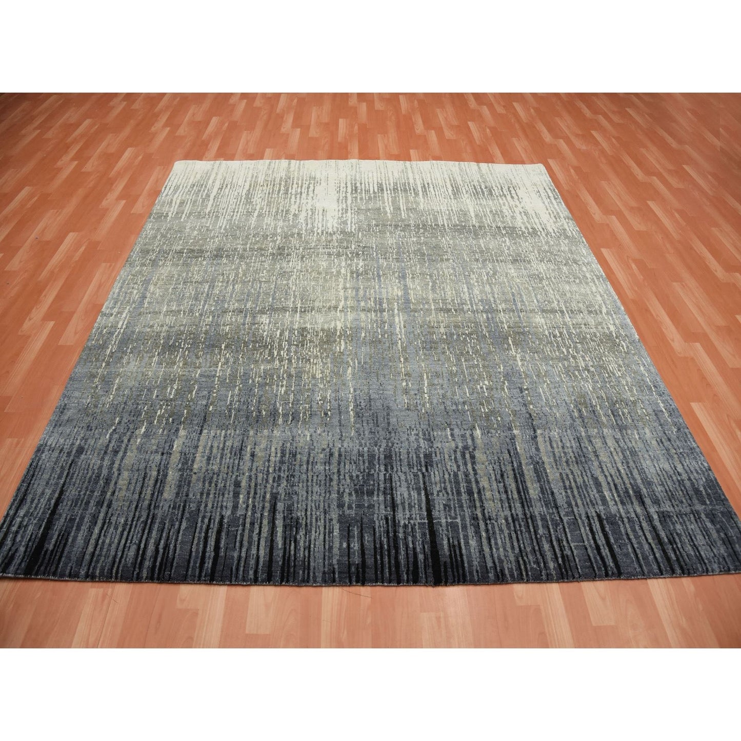 8'X8'4" Gray And Black Hand Knotted Modern Ombre Design Wool Square Rug