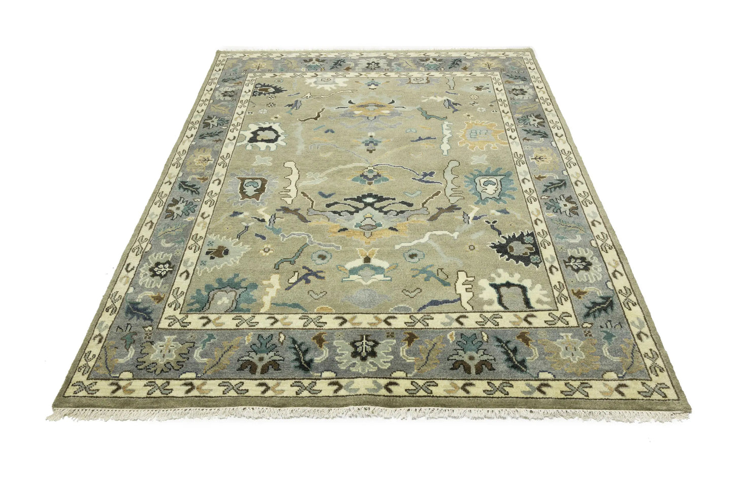 Khaki Floral Oushak Chobi Oriental Rug Handmade