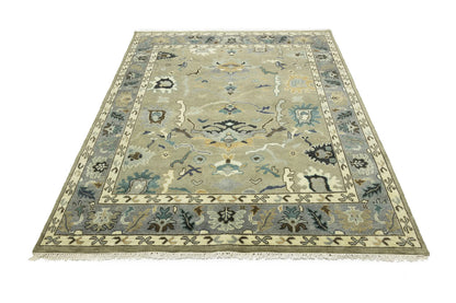 Khaki Floral Oushak Chobi Oriental Rug Handmade