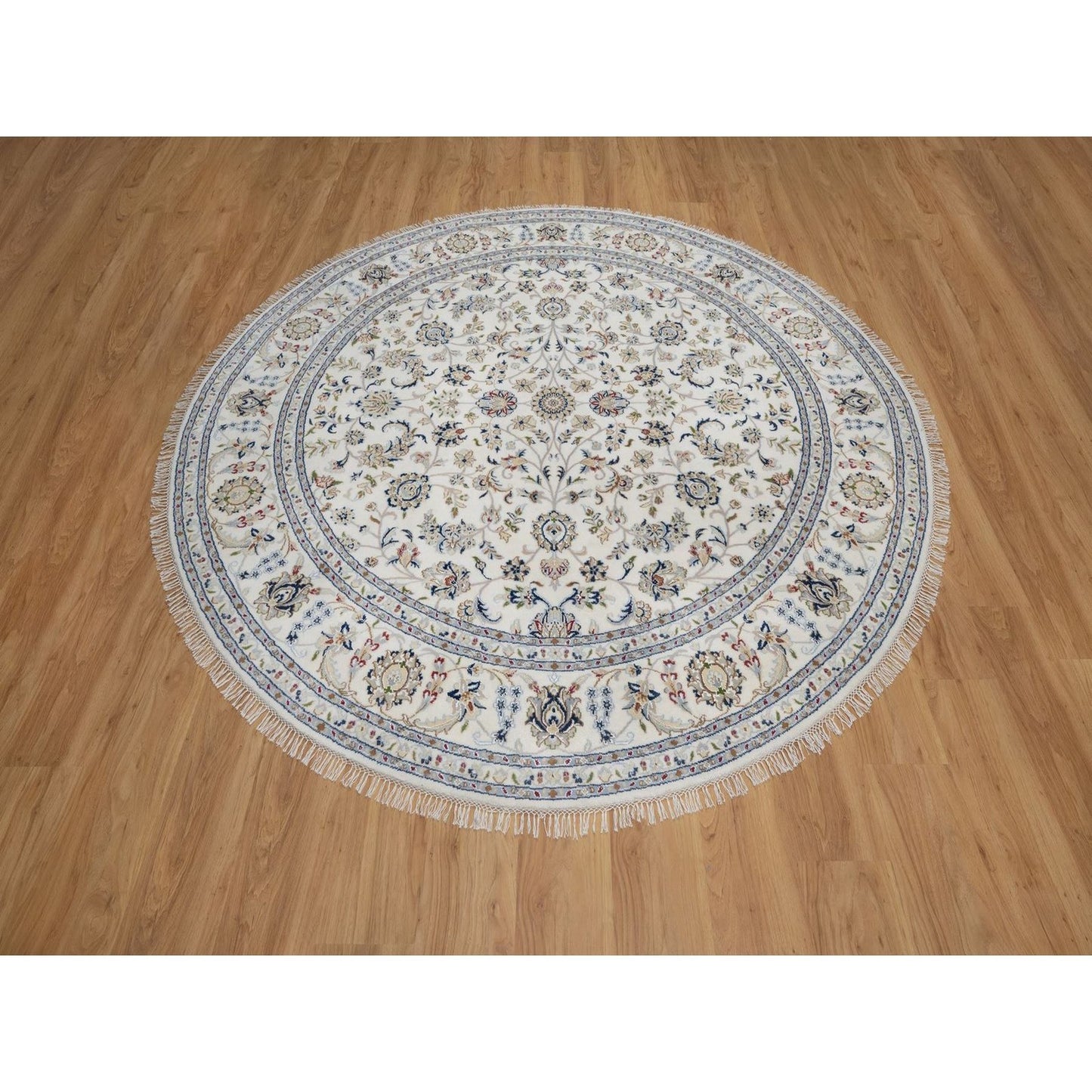 7'10"X7'10" Ivory Nain Floral Pattern Wool & Silk Hand Knotted Round Rug