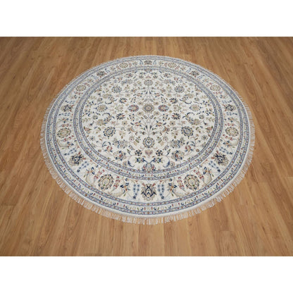 7'10"X7'10" Ivory Nain Floral Pattern Wool & Silk Hand Knotted Round Rug