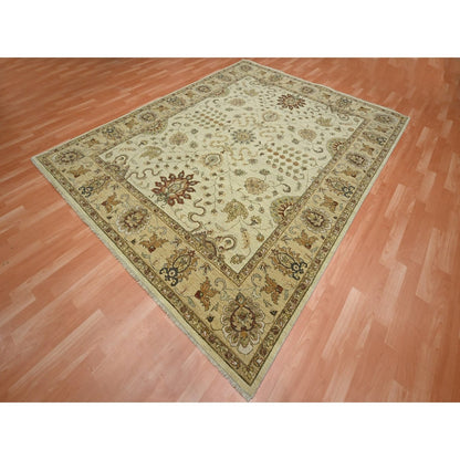 7'3"X9'3" Ivory Hand Knotted Agra Ziegler Design Leaf Pattern Wool Rug