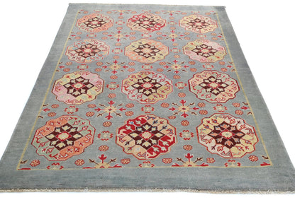 Hand-Knotted Kazak Oushak Rug 4X6 Ft Geometric