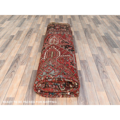 9'9"X12'4" Tomato Red Vintage Zoroastrian Heris Worn Wool Hand Knotted