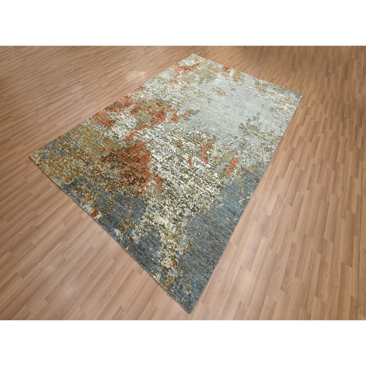 6'1"X9'2" Gray With Rust Abstract Design Wool Hand Knotted Oriental Rug