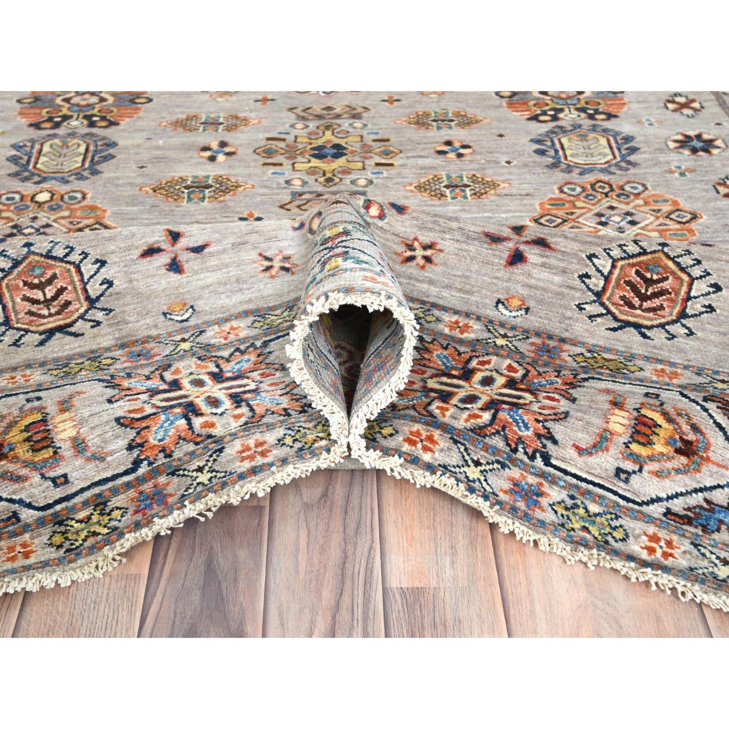 6'1"X9'1" Light Gray Hand Knotted Afghan Super Kazak Organic Wool Rug