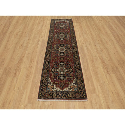 2'8"X10' Red Hand Knotted Soft Wool Rug Runner Antiqued Fine Heris Revival