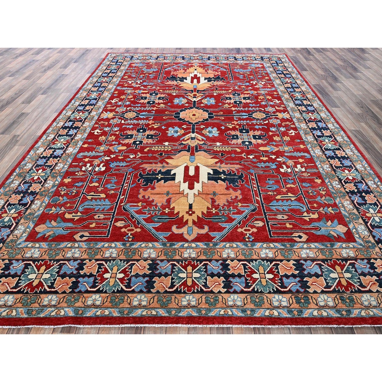 8'10"X12' Red Peshawar With Seeripe Heris Design Hand Knotted Soft Wool Rug