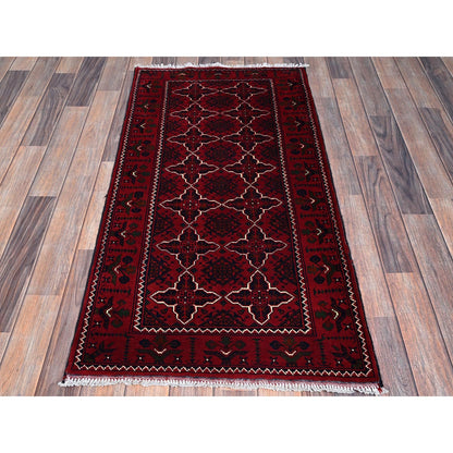 2'3"X4'6" Red Afghan Khamyab Geometric Pattern Hand Knotted Wool Runner Rug