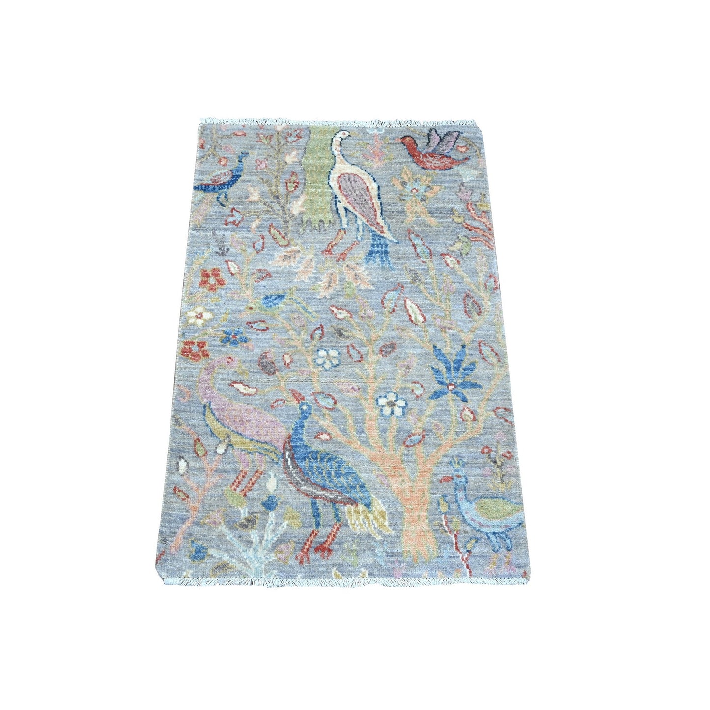 2'X3'1" Gray Birds Of Paradise Peshawar Hand Knotted Oriental Mat Rug