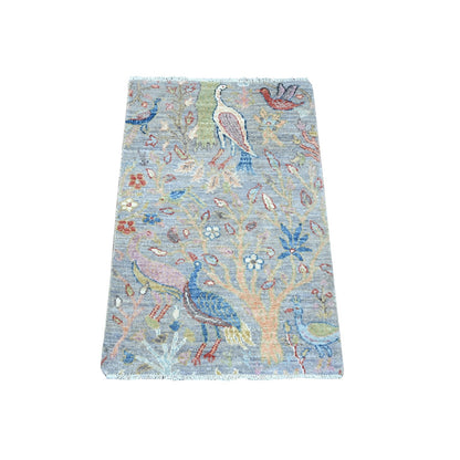 2'X3'1" Gray Birds Of Paradise Peshawar Hand Knotted Oriental Mat Rug