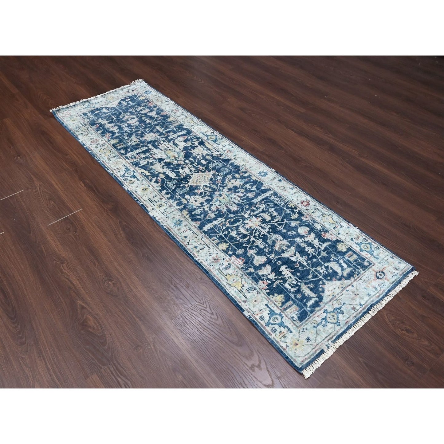 2'8"X8' Blue Erased Heriz All Over Design Hand Knotted Wool Runner Rug