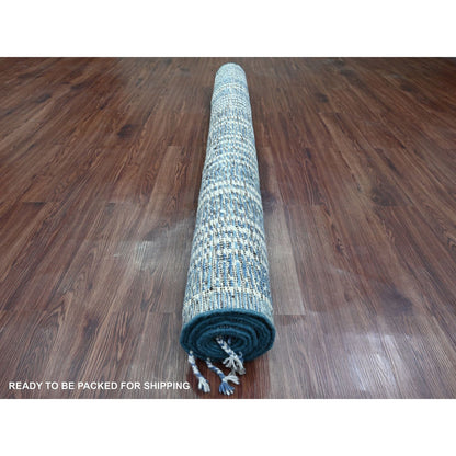 6'X10'4" Blue Moroccan Weave With Line Design Soft Wool Hand Knotted Rug